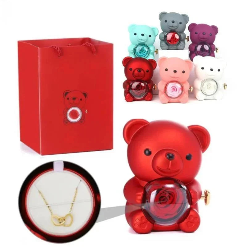 Double Heart Rotating Bear Rose Jewelry Box