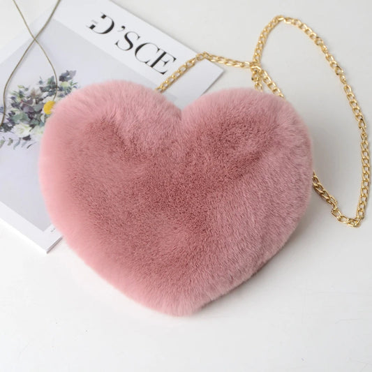 Fashion Women's Heart Shaped Handbags Cute Faux Fur